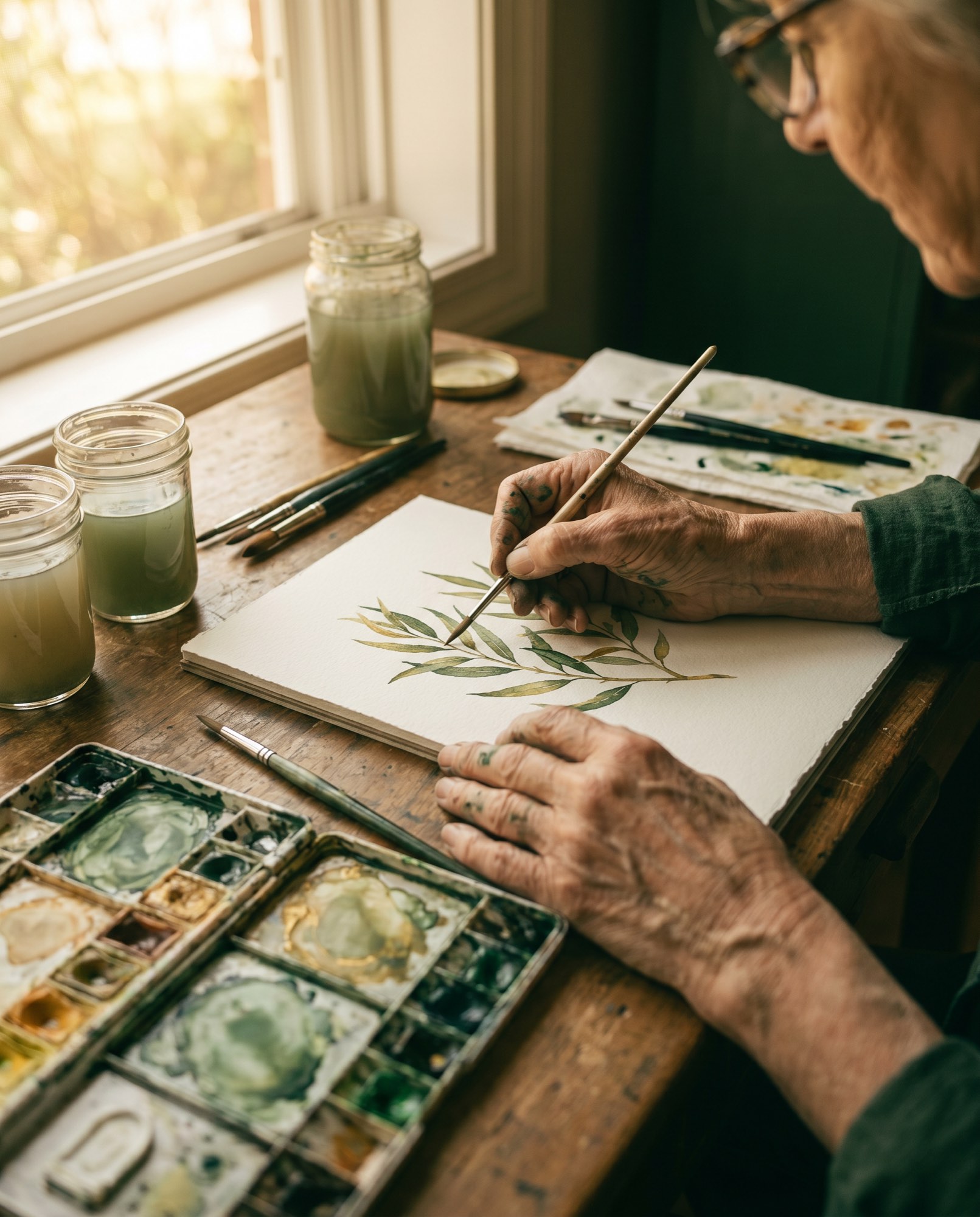 A resident painting a delicate green watercolour leaf by a window, paints and brushes at hand.