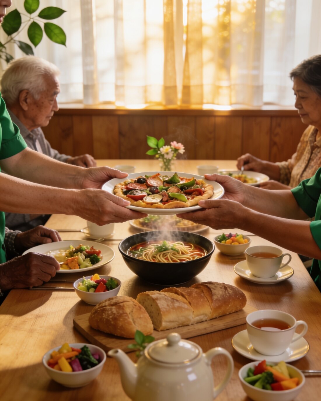 Residents and staff sharing a table of freshly cooked, culturally diverse food in warm afternoon light at The Willows.