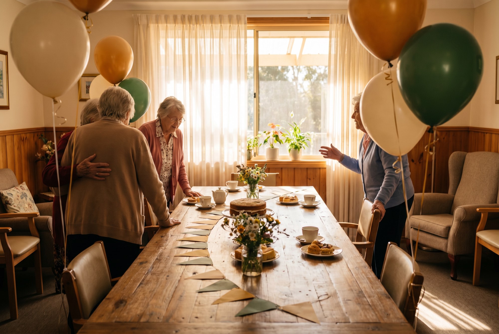 Residents gathering around a long table set with a cake, bunting and green and gold balloons for a celebration.
