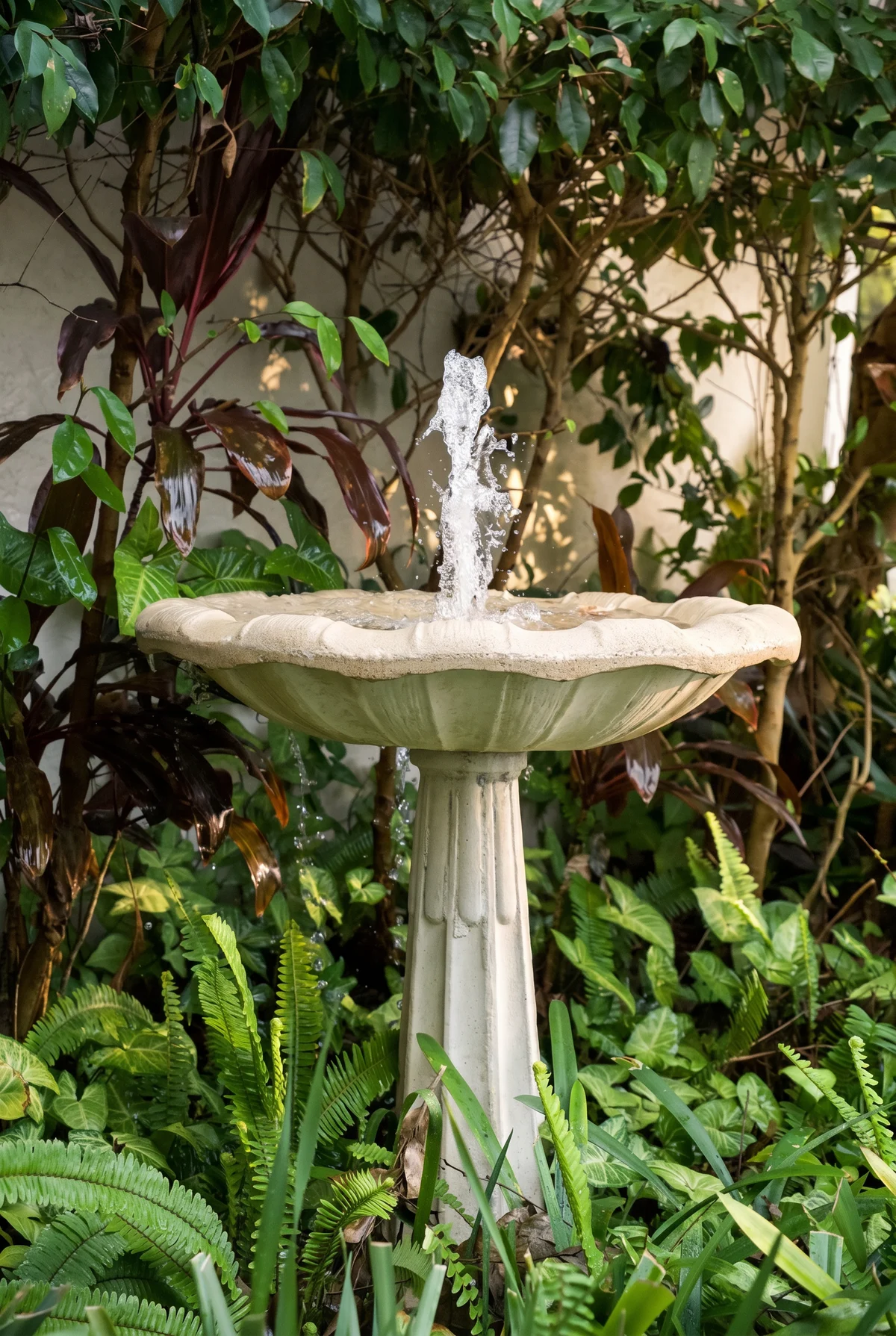 The stone fountain among ferns in the garden