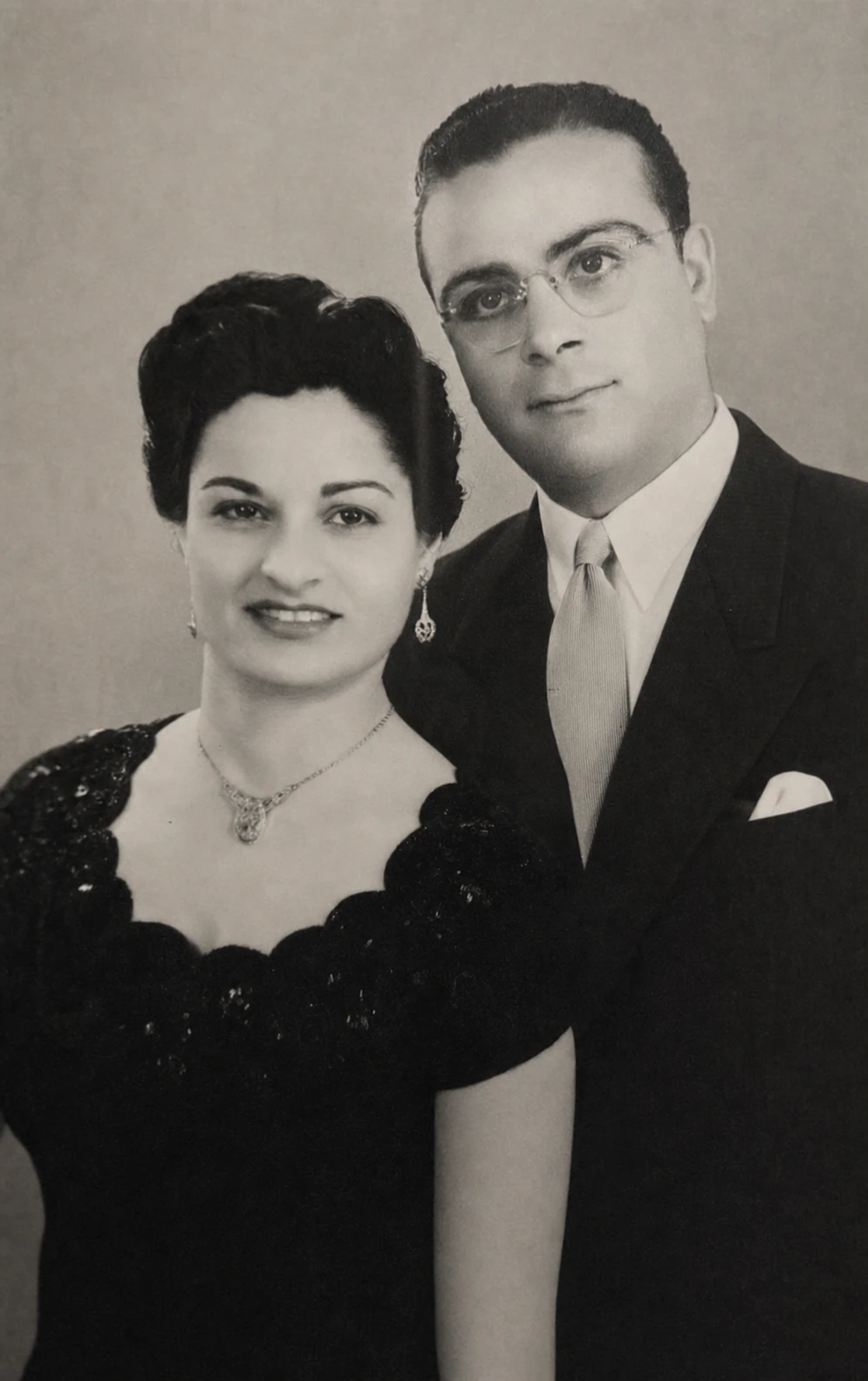 Rachel and Sam Inbari in a formal black-and-white portrait.