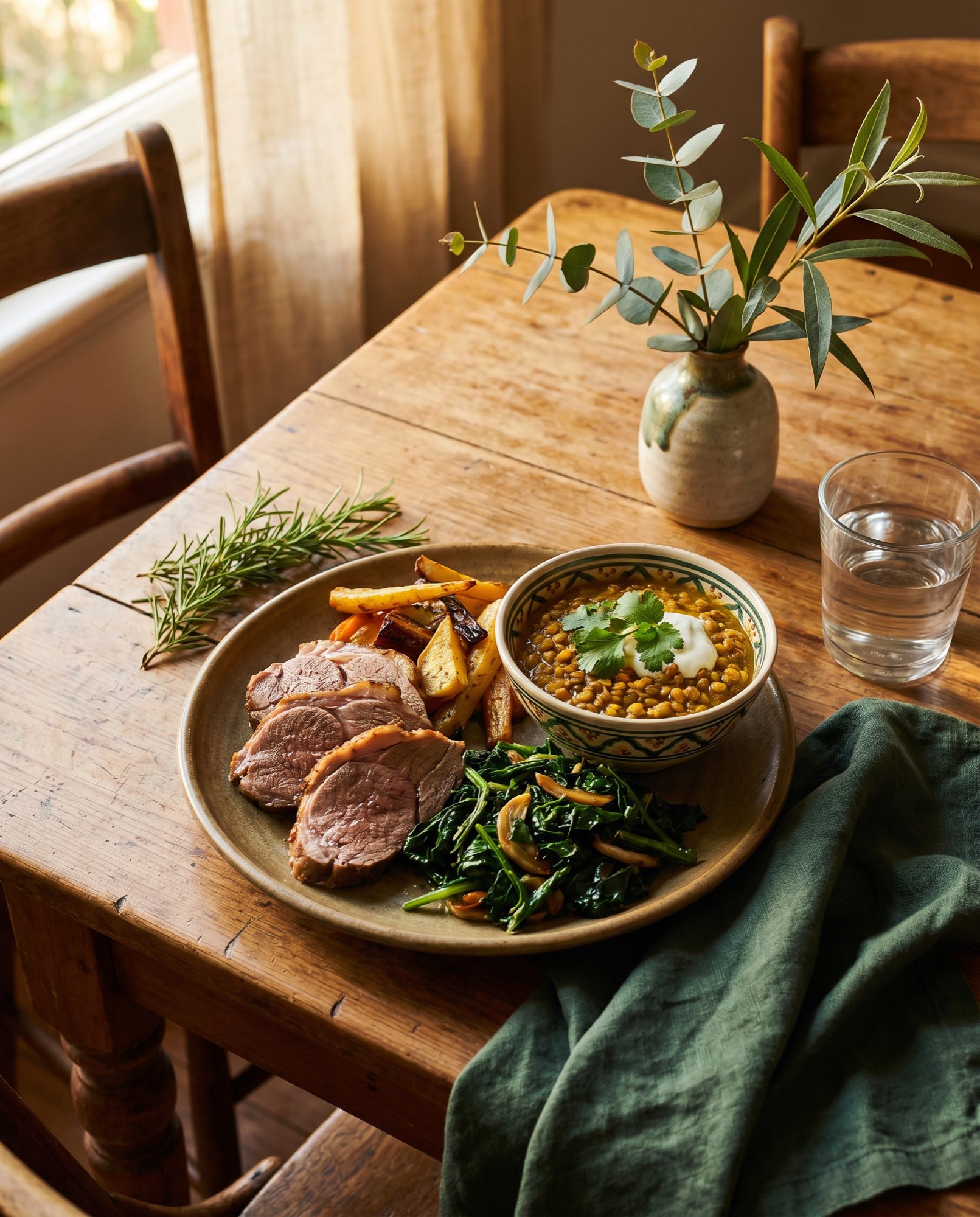 A freshly cooked plate of roast, greens and a small bowl on a sunlit wooden table.