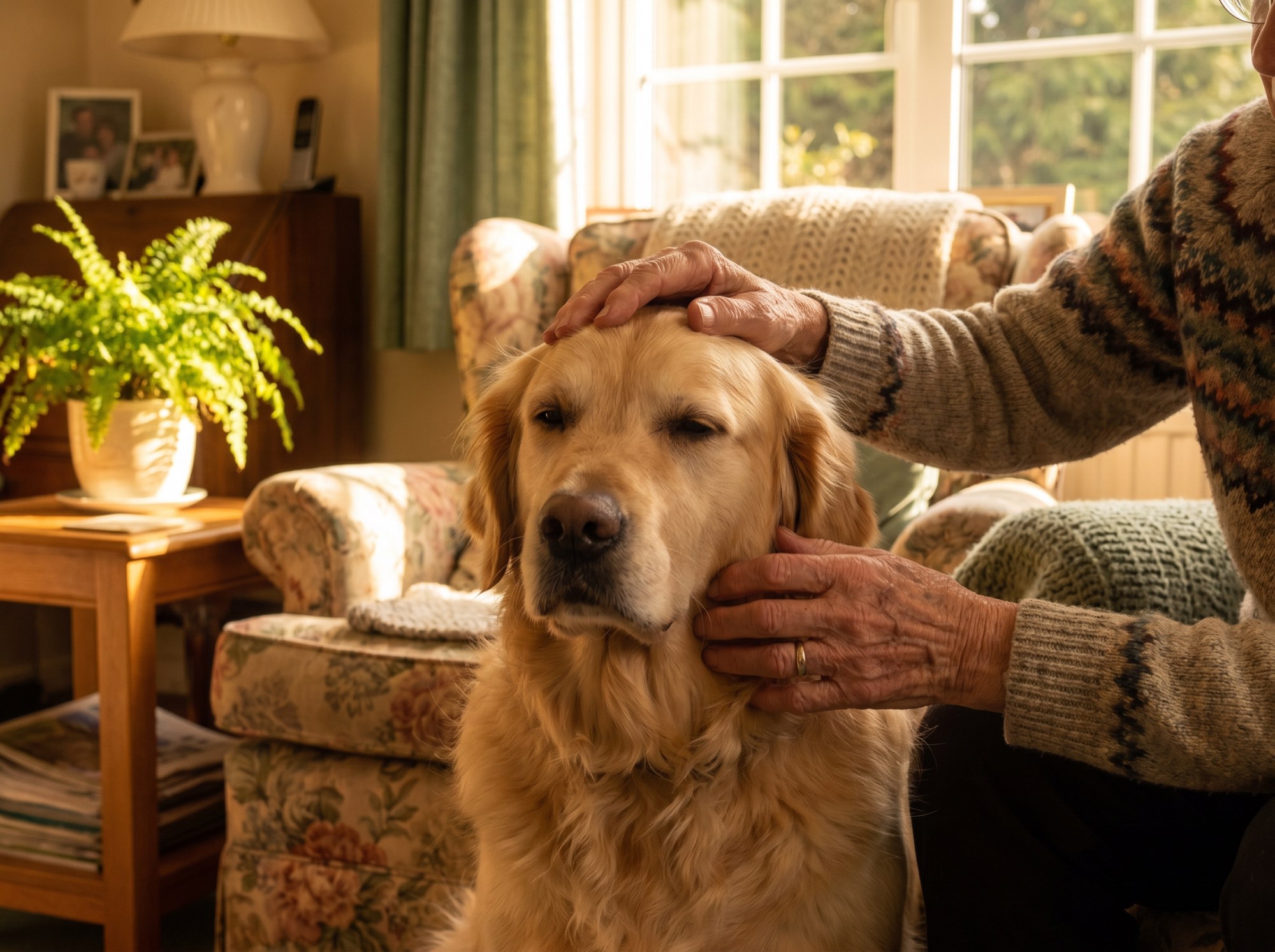 An older resident gently resting their hands on a calm golden retriever during a family pet visit.